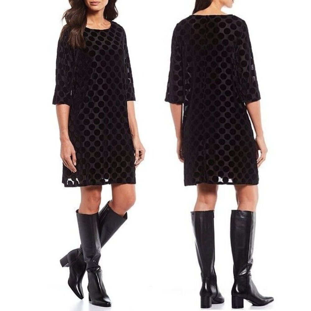 Bryn Walker Black Velvet Polka Dot Burnout Shift Dress Medium‎ Made in USA L2